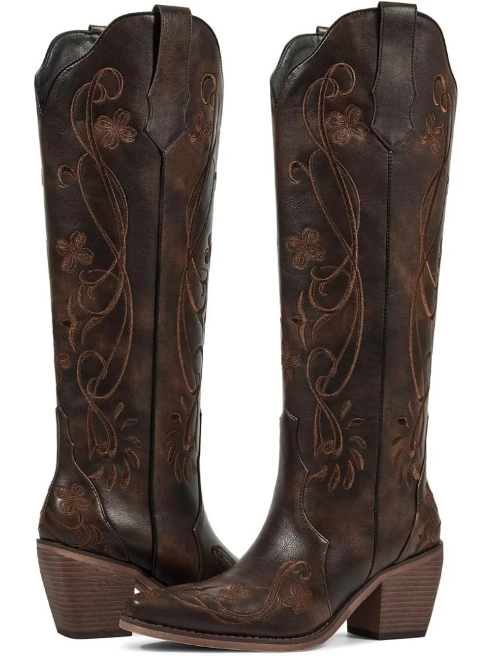 Women's Vintage Brown Knee High Cowgirl Boots Embroidered Pointed Toe ChunkyHeel